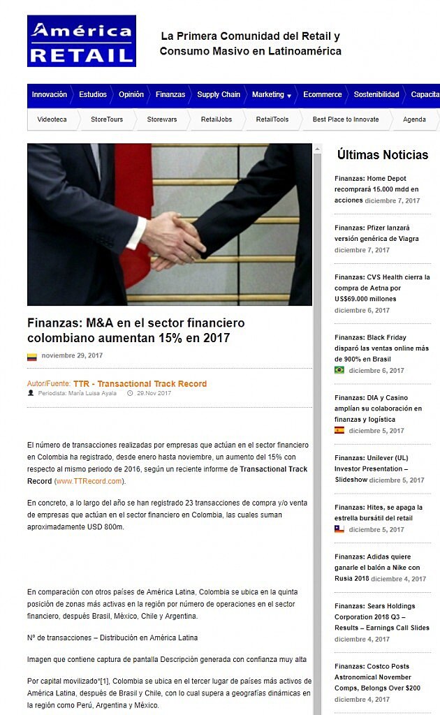 M&A en el sector financiero colombiano aumentan 15% en 2017